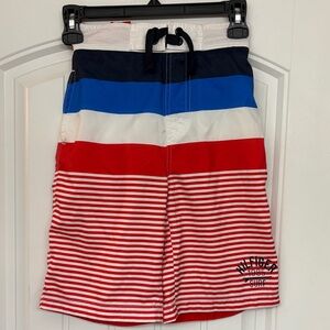Tommy Hildiger Boys Striped Red, White, and Blue Swim Shorts size small 8/10